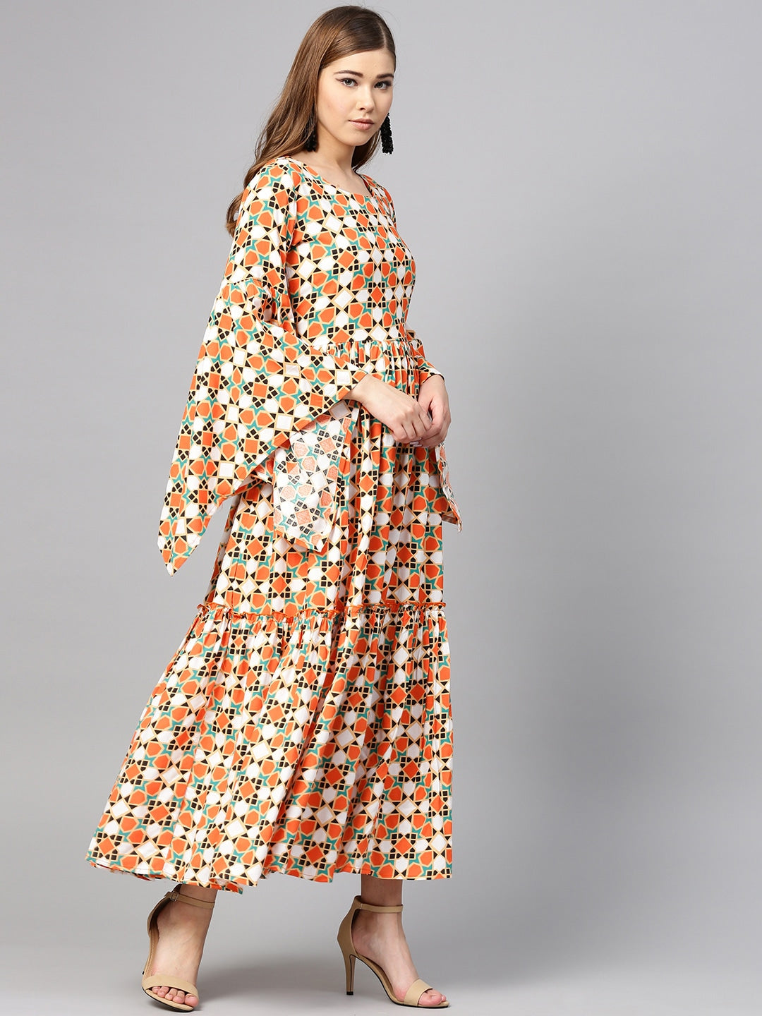 Orange & Off White Printed Dress-Yufta Store-YUFDGKU2009XS