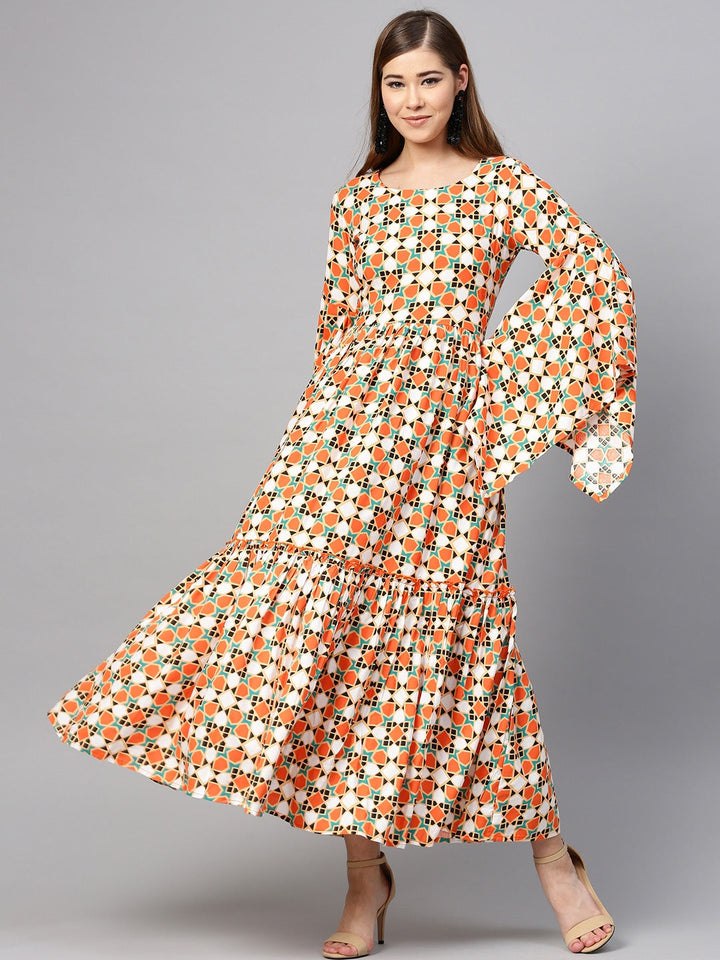 Orange & Off White Printed Dress-Yufta Store-YUFDGKU2009XS