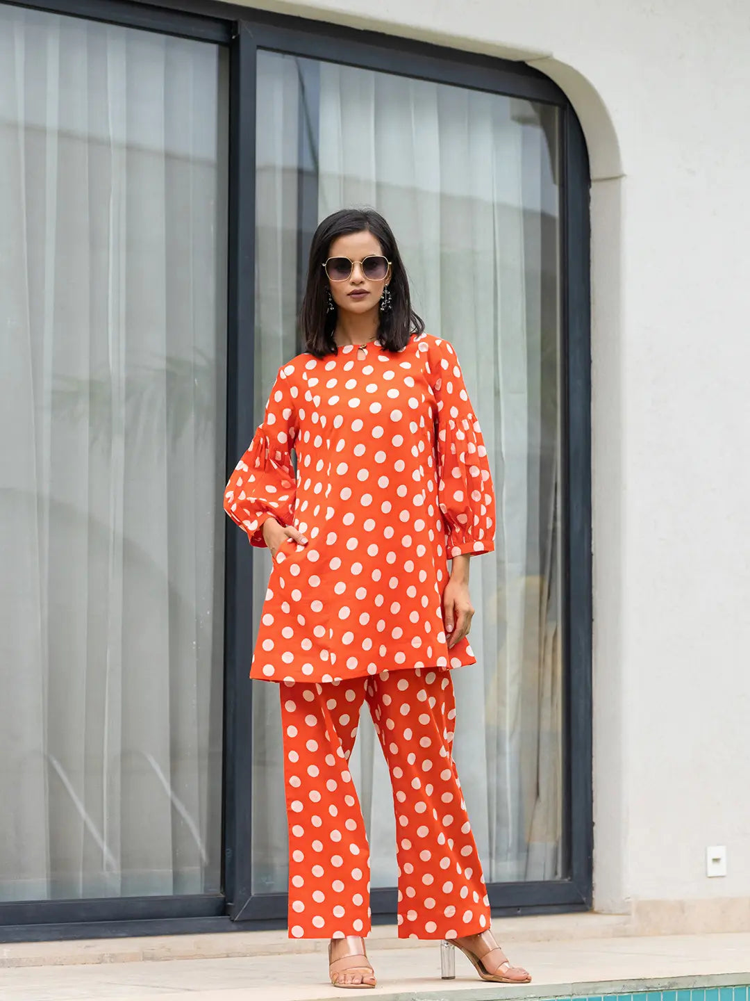 Orange Polka Dot Print Top And Trouser Co Ord Set-Yufta Store-7148CRDORS