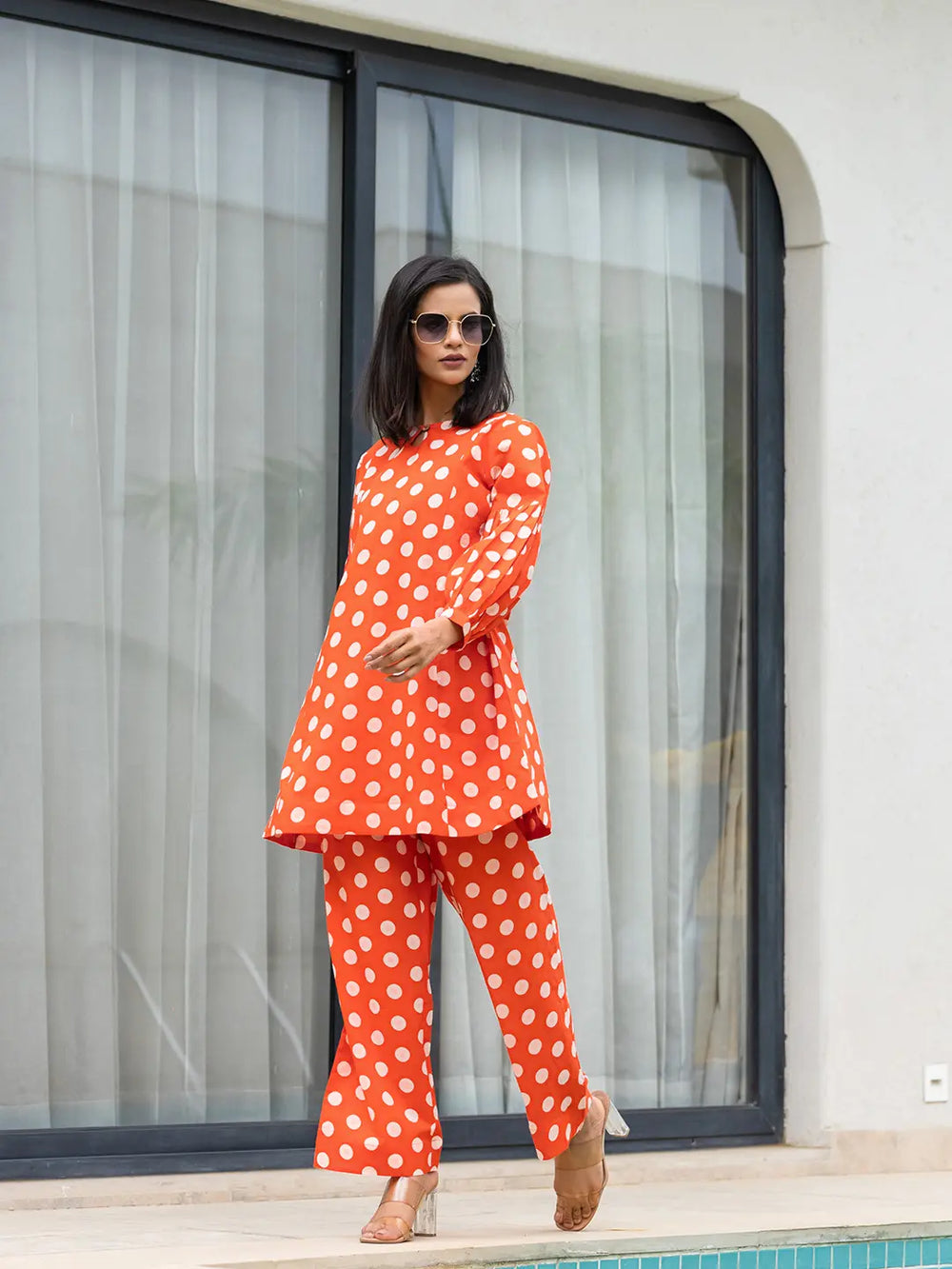 Orange Polka Dot Print Top And Trouser Co Ord Set-Yufta Store-7148CRDORS