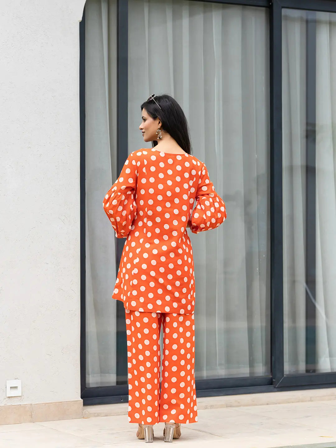 Orange Polka Dot Print Top And Trouser Co Ord Set-Yufta Store-7148CRDORS