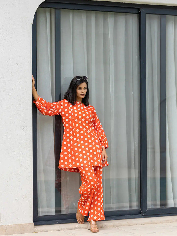 Orange Polka Dot Print Top And Trouser Co Ord Set-Yufta Store-7148CRDORS