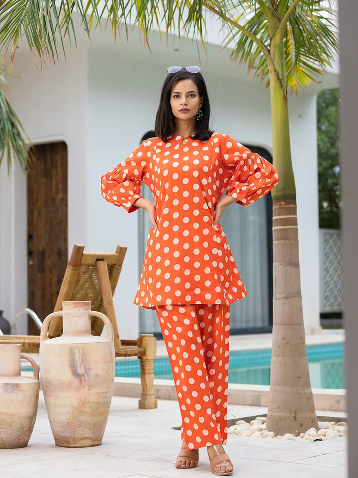 Orange Polka Dot Print Top And Trouser Co Ord Set-Yufta Store-7148CRDORS