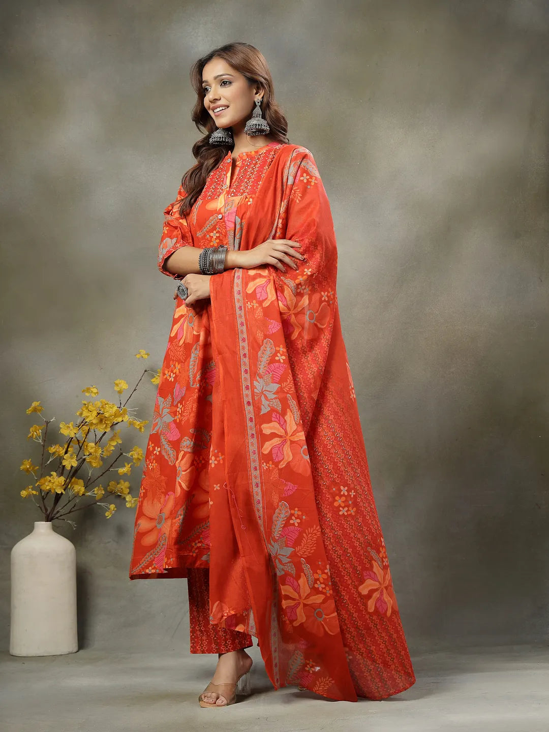 Orange Sequins Work Pure Cotton A-Line Kurta Trouser Dupatta Set-Yufta Store-6768SKDORM