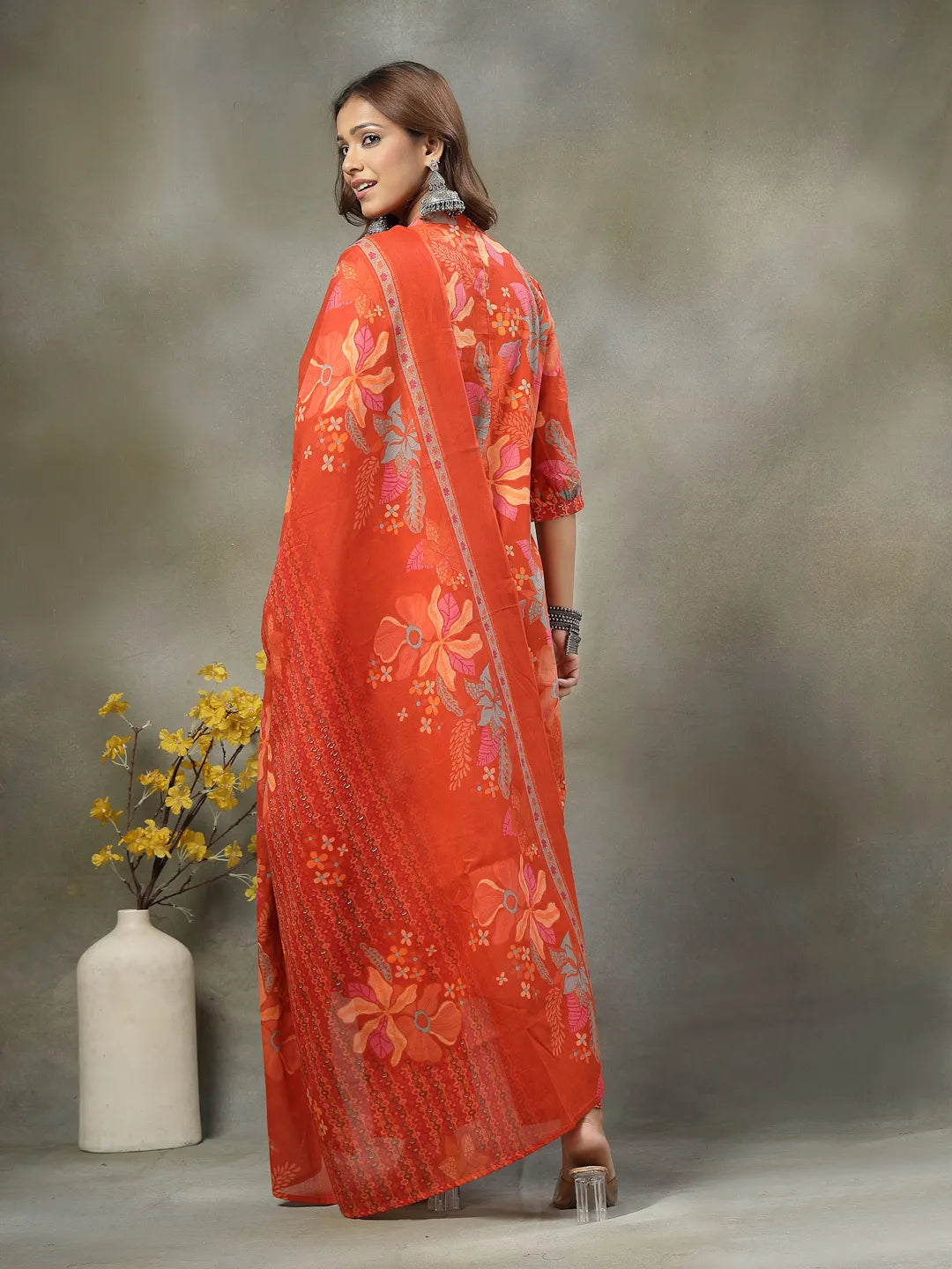 Orange Sequins Work Pure Cotton A-Line Kurta Trouser Dupatta Set-Yufta Store-6768SKDORM