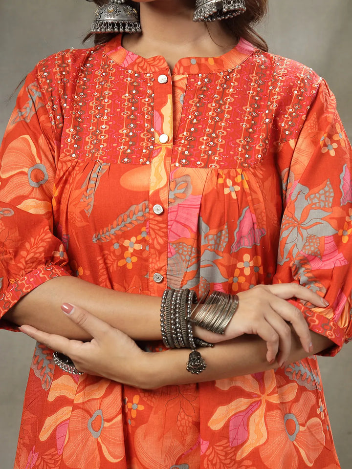 Orange Sequins Work Pure Cotton A-Line Kurta Trouser Dupatta Set-Yufta Store-6768SKDORM