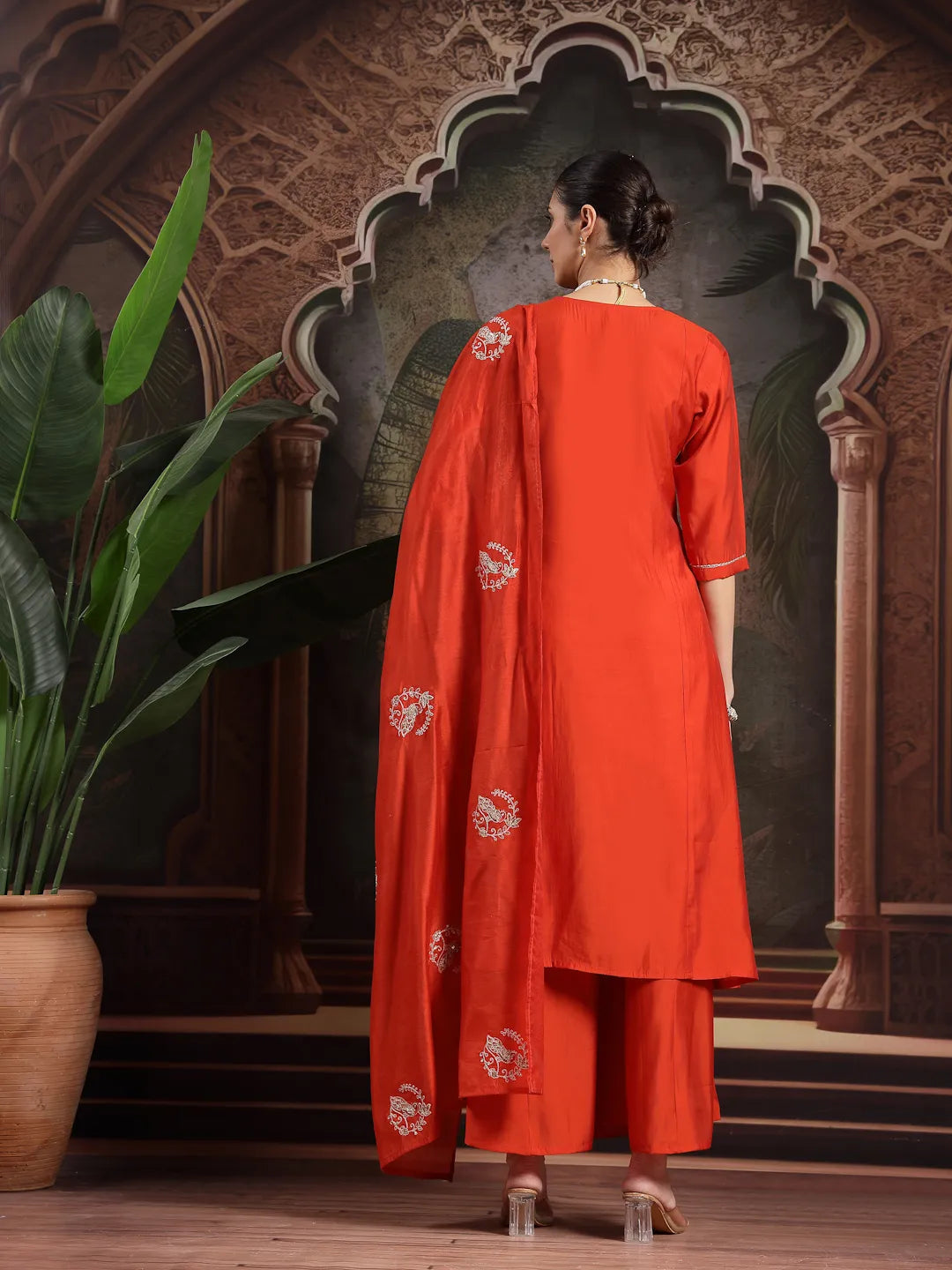 Orange Silk Blend Dori Embroidery Angrakha Kurta Set With Divider Palazzo