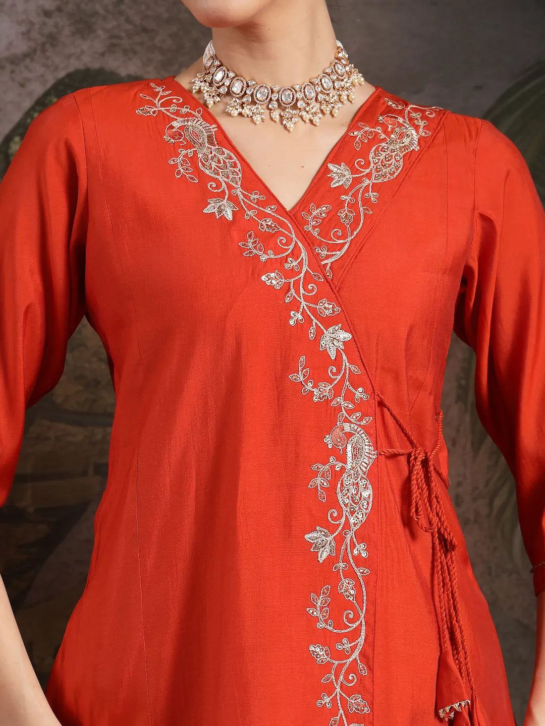 Orange Silk Blend Dori Embroidery Angrakha Kurta Set With Divider Palazzo