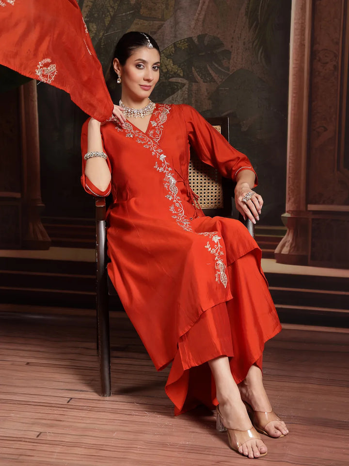 Orange Silk Blend Dori Embroidery Angrakha Kurta Set With Divider Palazzo