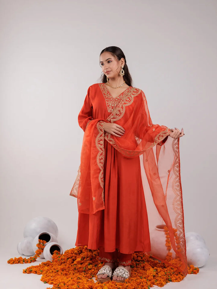 Orange Silk Embroidered Kurta Dupatta Set-Yufta Store-7175SKDORS