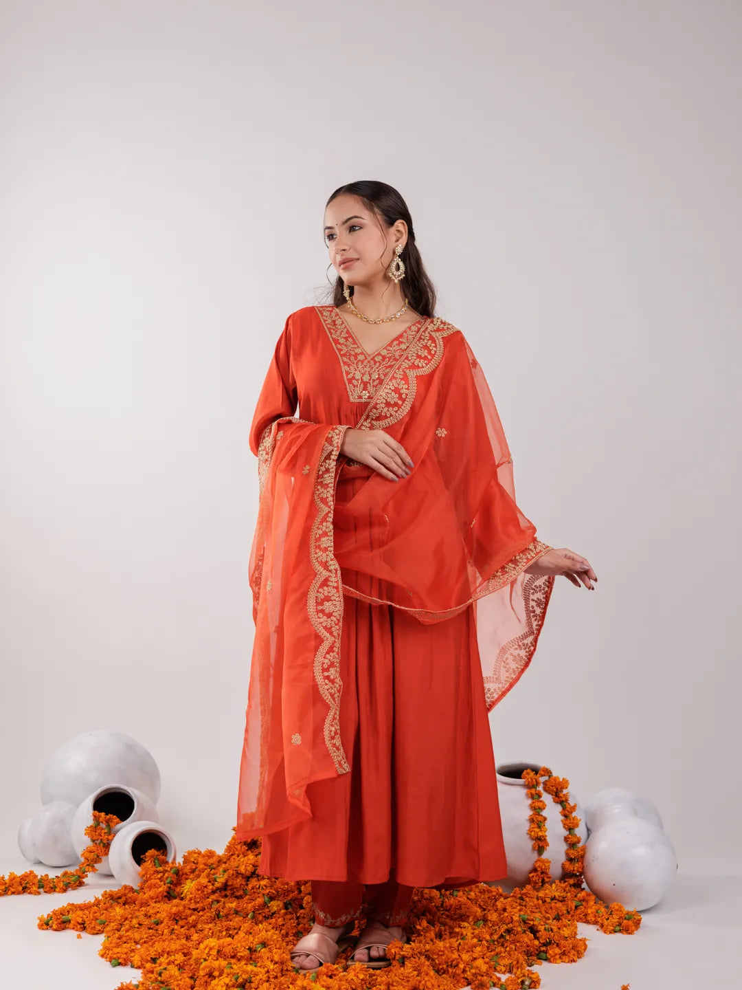 Orange Silk Embroidered Kurta Dupatta Set-Yufta Store-7175SKDORS