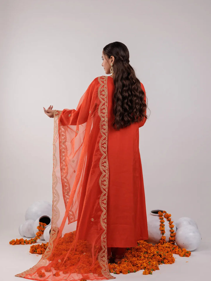 Orange Silk Embroidered Kurta Dupatta Set-Yufta Store-7175SKDORS