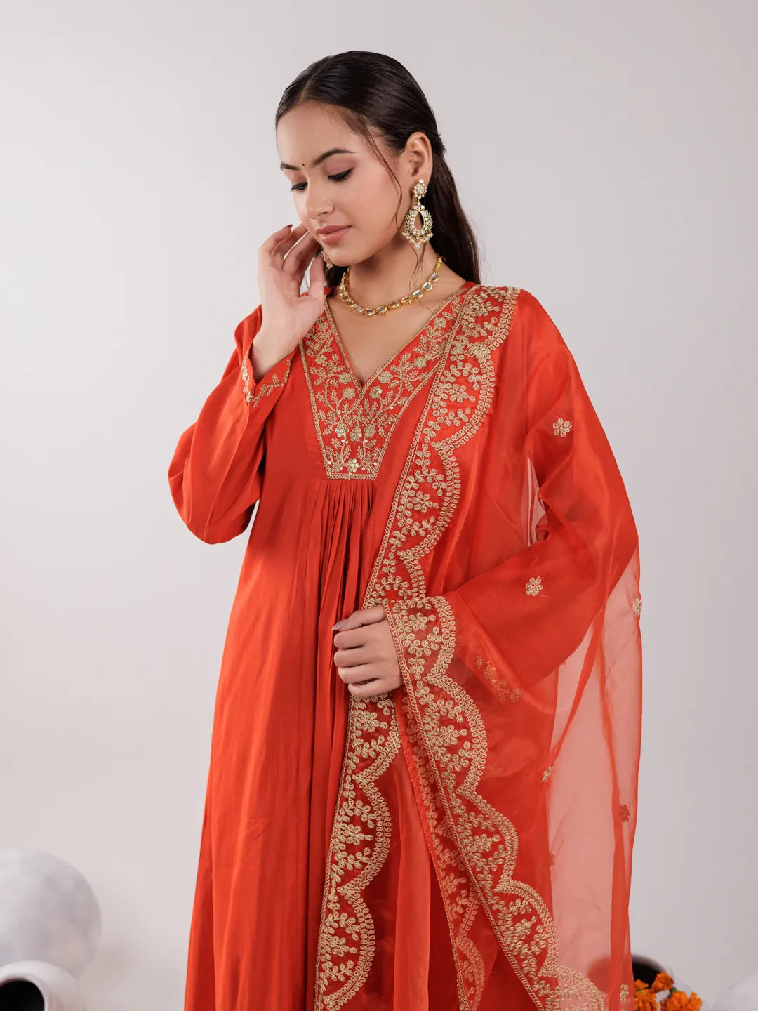 Orange Silk Embroidered Kurta Dupatta Set-Yufta Store-7175SKDORS