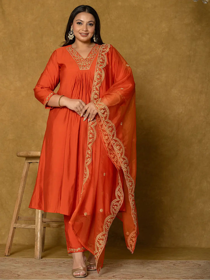 Orange Silk Embroidered Plus Size Kurta Dupatta Set-Yufta Store-7175PSKDOR3XL