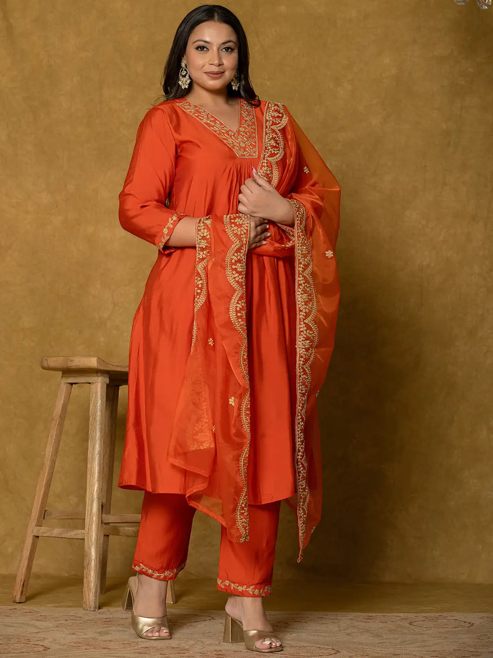 Orange Silk Embroidered Plus Size Kurta Dupatta Set-Yufta Store-7175PSKDOR3XL