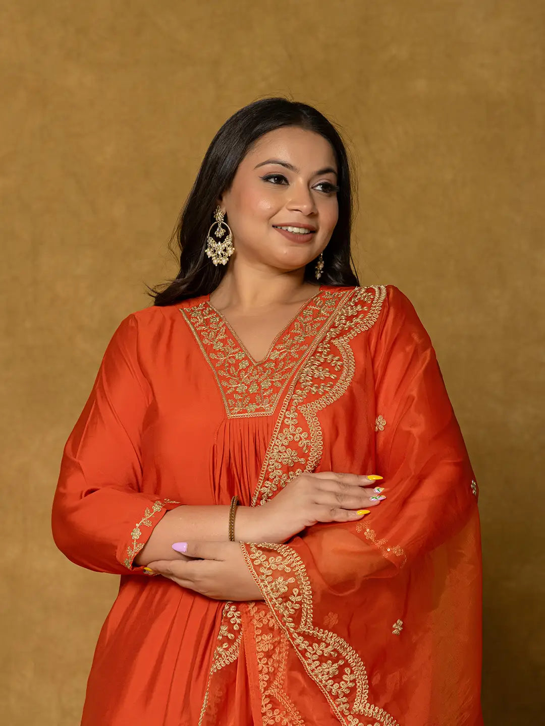 Orange Silk Embroidered Plus Size Kurta Dupatta Set-Yufta Store-7175PSKDOR3XL