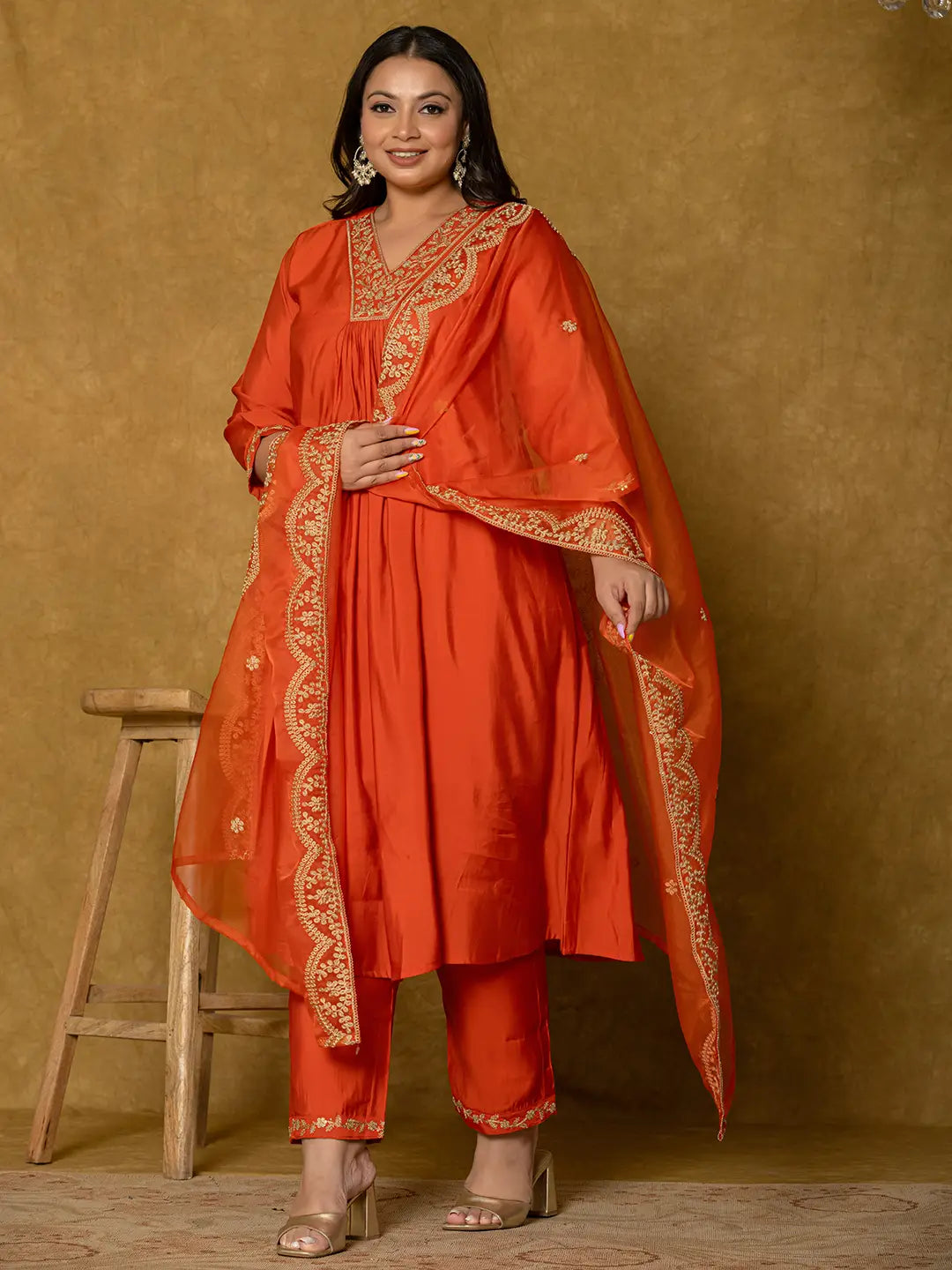 Orange Silk Embroidered Plus Size Kurta Dupatta Set-Yufta Store-7175PSKDOR3XL