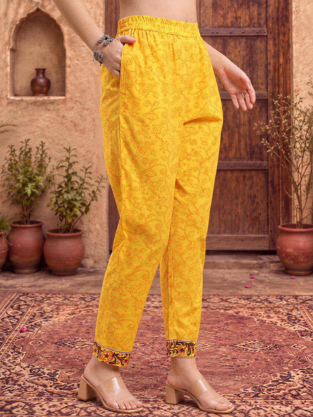 Yellow Ethnic Motifs Sequins Work Straight Kurta Trouser Dupatta Set