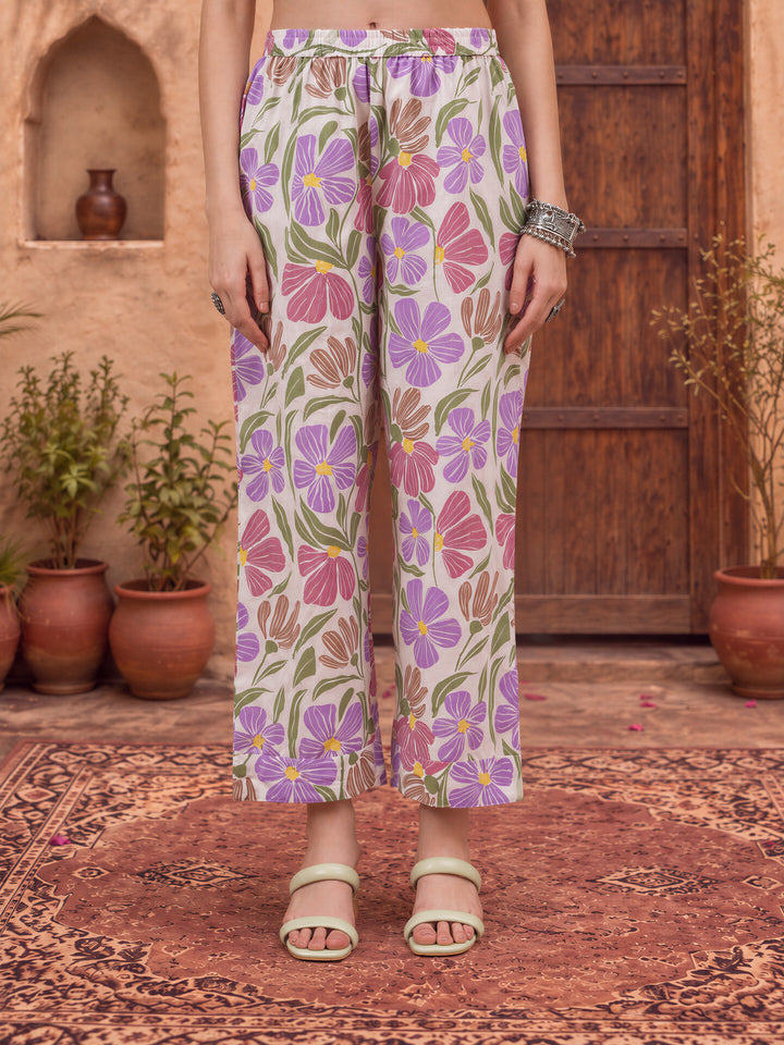 White And Purple Floral Sequins Work Aline Kurta Trouser Dupatta Set