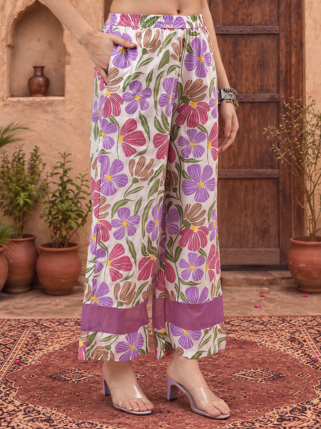 White And Purple Floral Print Lace Work Straight Kurta Trouser Dupatta Set
