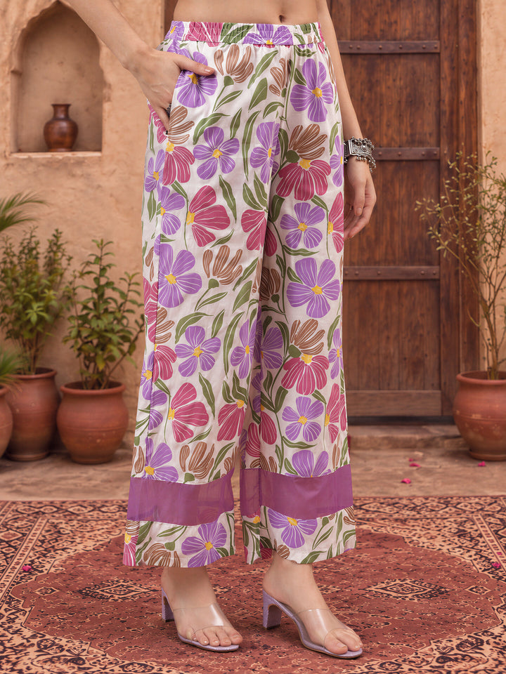White And Purple Floral Print Lace Work Straight Kurta Trouser Dupatta Set
