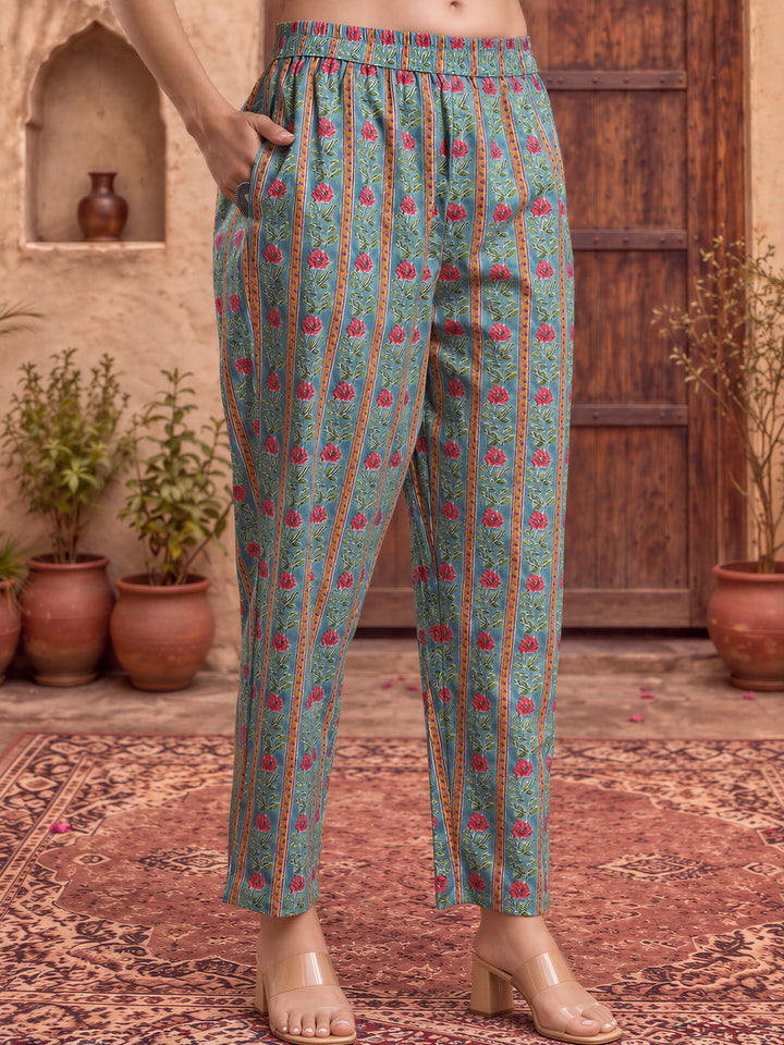 Turquoise Blue Cotton Floral Print Lace Work Kurta Pants Dupatta Set