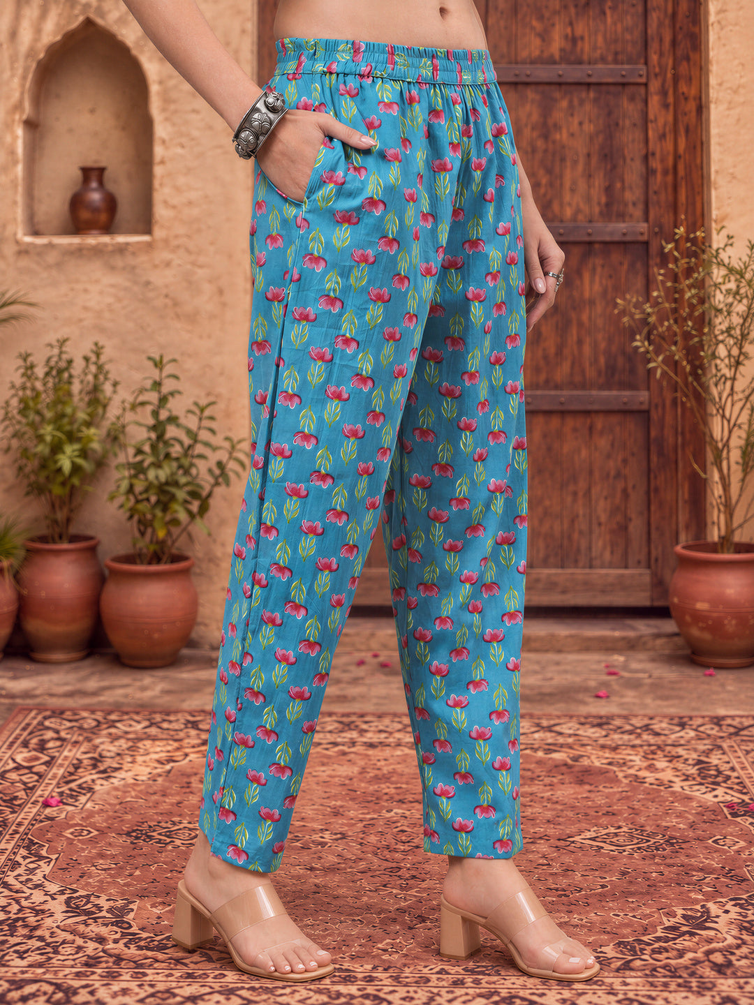 Turquoise Blue Patch Work Lace Work Cotton Straight Kurta Trouser Dupatta Set