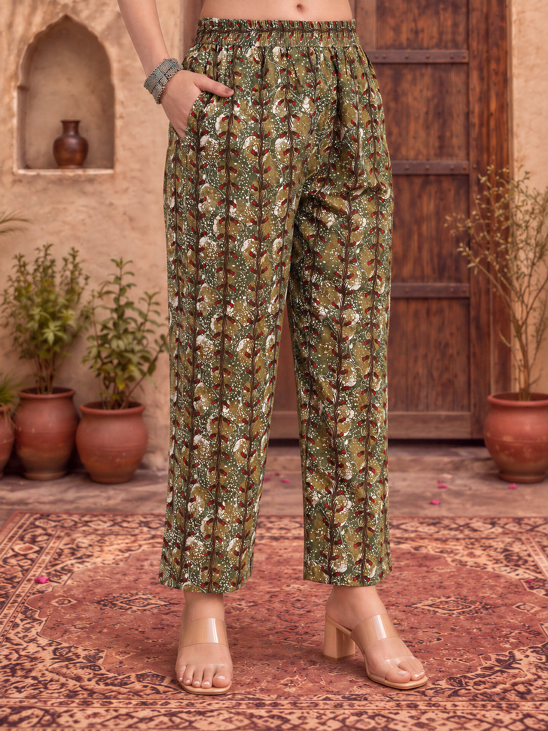 Green Cotton Lace Work On Yoke Straight Kurta Dupatta Pant Set