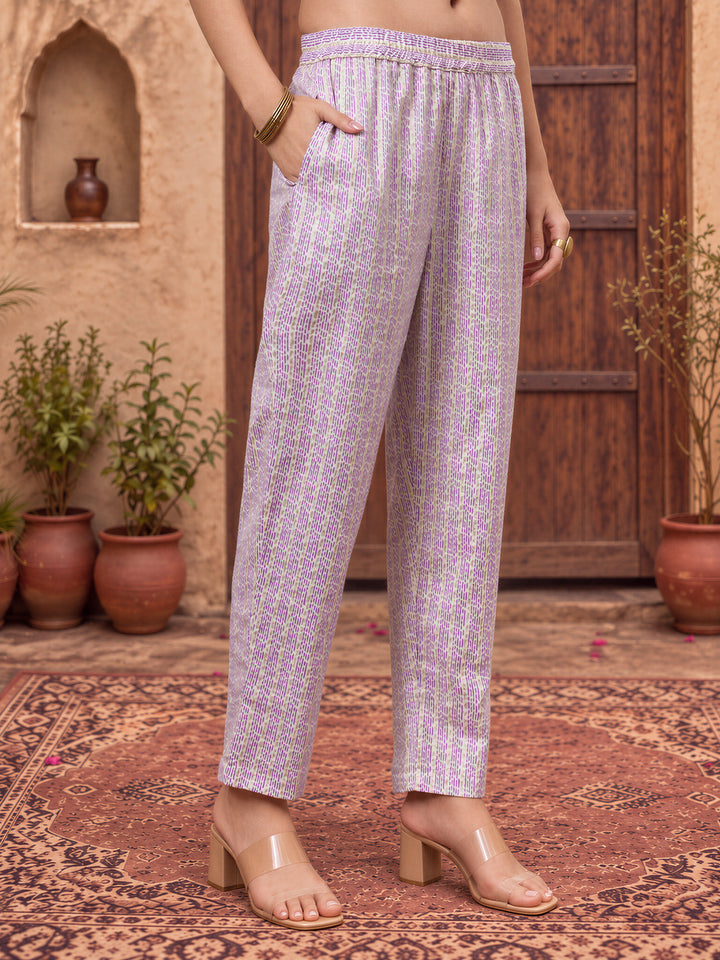 Purple Pure Cotton Ethnic Motifs Straight Kurta Trouser Dupatta Set