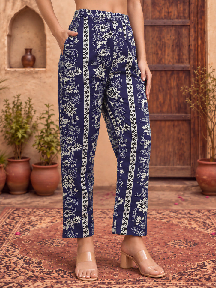 Blue Floral Print Straight Kurta Trouser Set