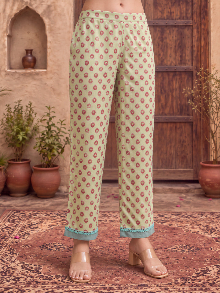 Green Floral Print Pure Cotton Beads Straight Kurta Dupatta Set With Lace Detailing
