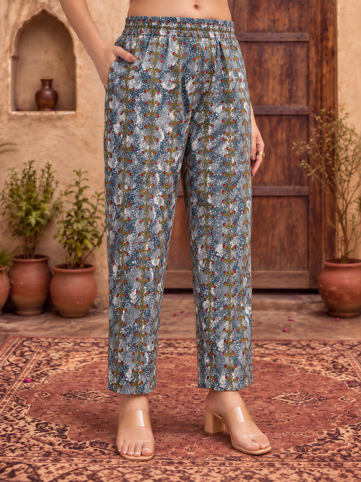 Grey Cotton Straight Kurta Dupatta Pant Set