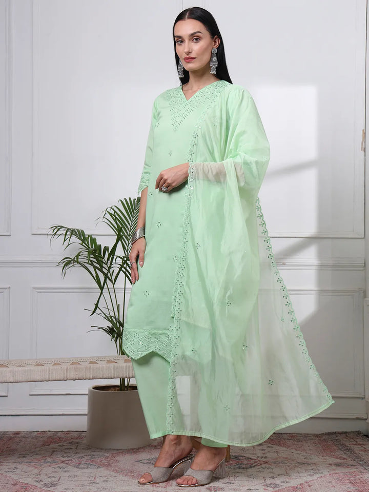 Pastel Green Slik Blend Straight Kurta Dupatta Pant Set Cotton Lining Kurta-Yufta Store-6601SKDGRM