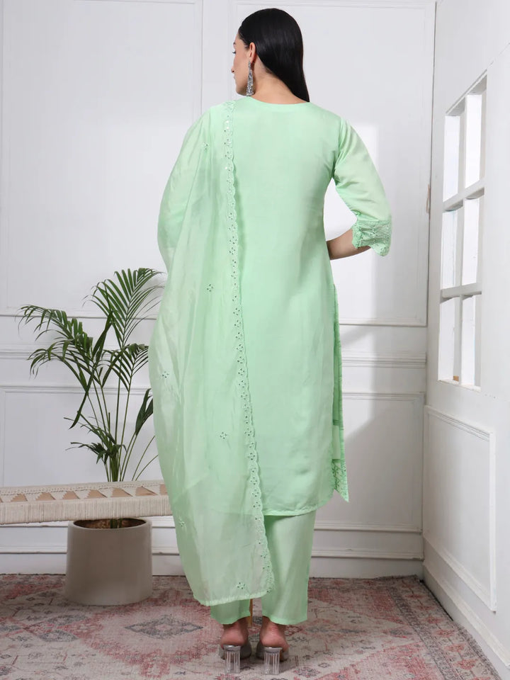 Pastel Green Slik Blend Straight Kurta Dupatta Pant Set Cotton Lining Kurta-Yufta Store-6601SKDGRM
