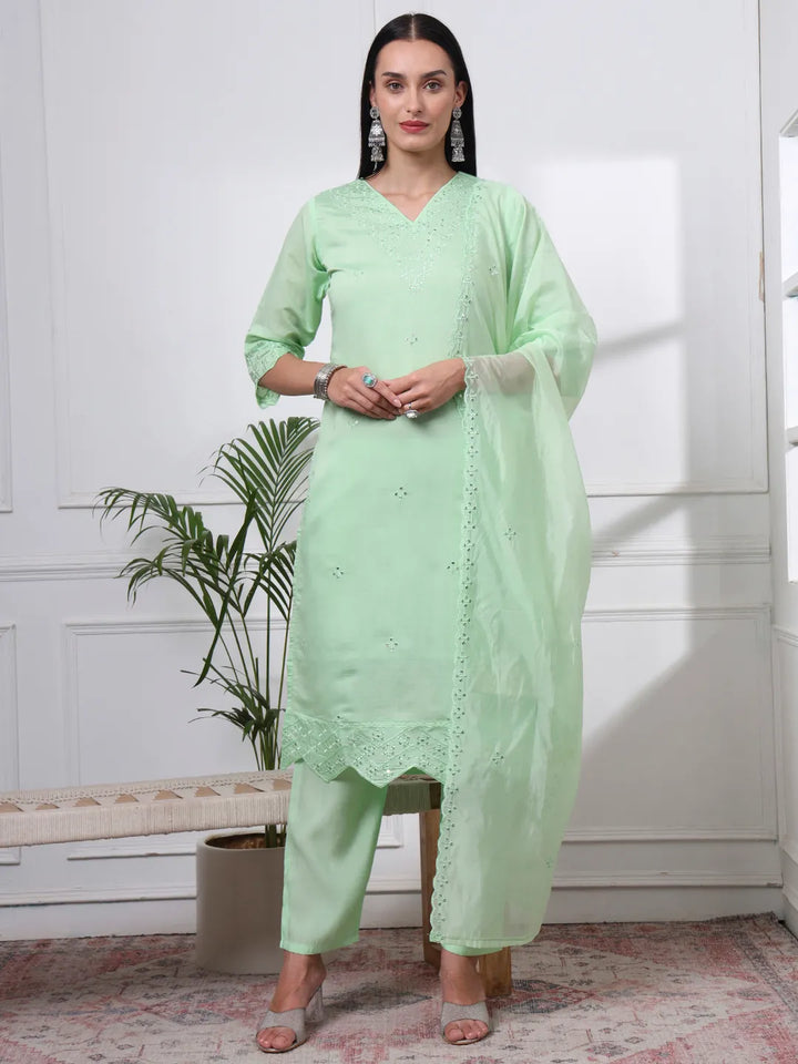 Pastel Green Slik Blend Straight Kurta Dupatta Pant Set Cotton Lining Kurta-Yufta Store-6601SKDGRM