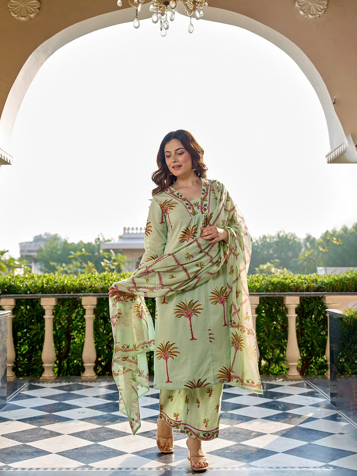 Pastel Green Tree Print A-Line Style Cotton Pleated Yoke Design Kurta Trouser Dupatta Set