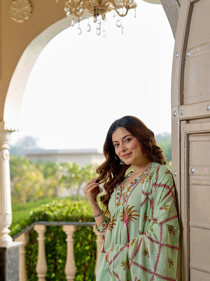 Pastel Green Tree Print A-Line Style Cotton Pleated Yoke Design Kurta Trouser Dupatta Set