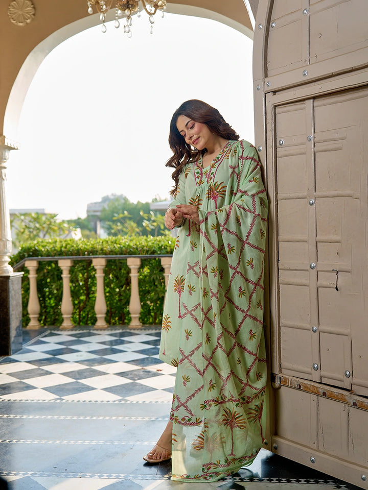 Pastel Green Tree Print A-Line Style Cotton Pleated Yoke Design Kurta Trouser Dupatta Set