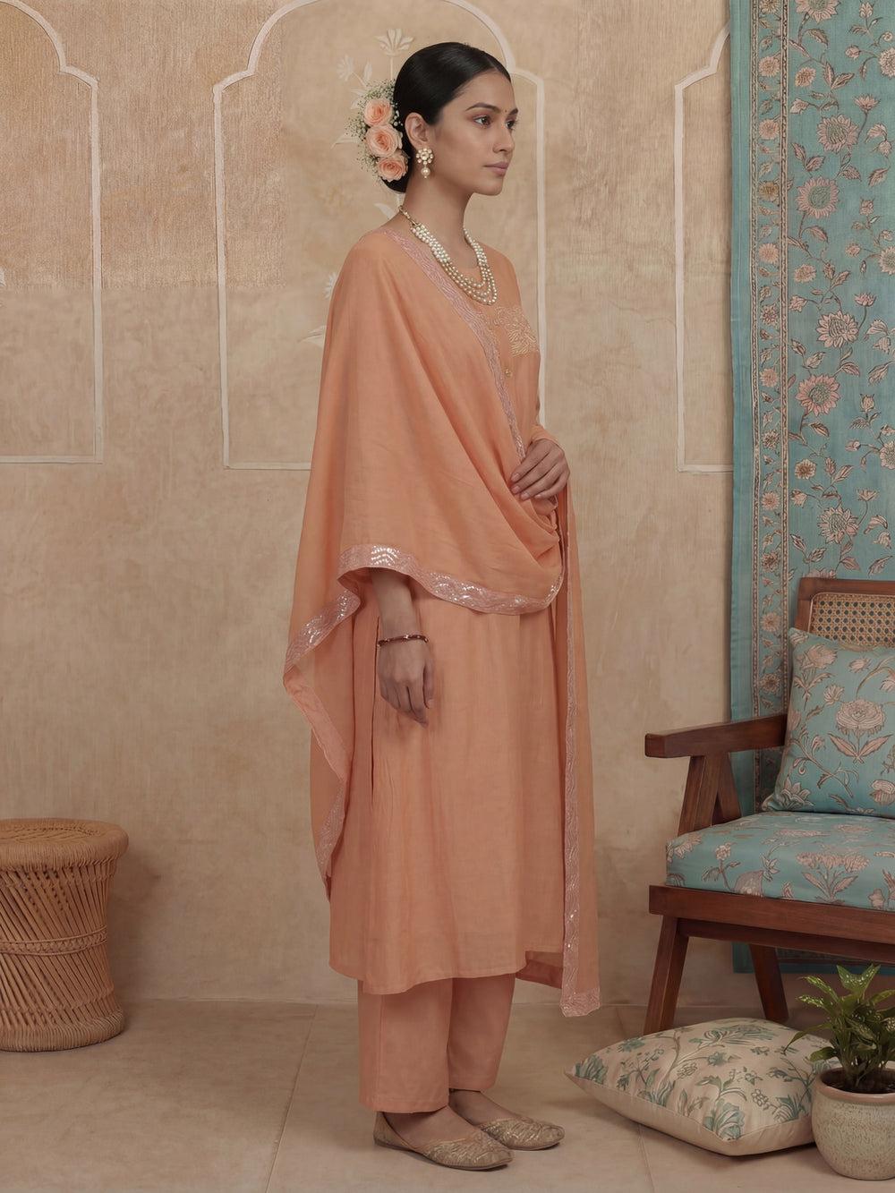 Peach A-Line Thared Work Design Lining Kurta Trouser Dupatta Set-Yufta Store-7486SKDPCM