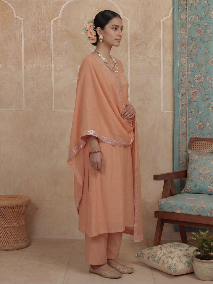 Peach A-Line Thared Work Design Lining Kurta Trouser Dupatta Set-Yufta Store-7486SKDPCM