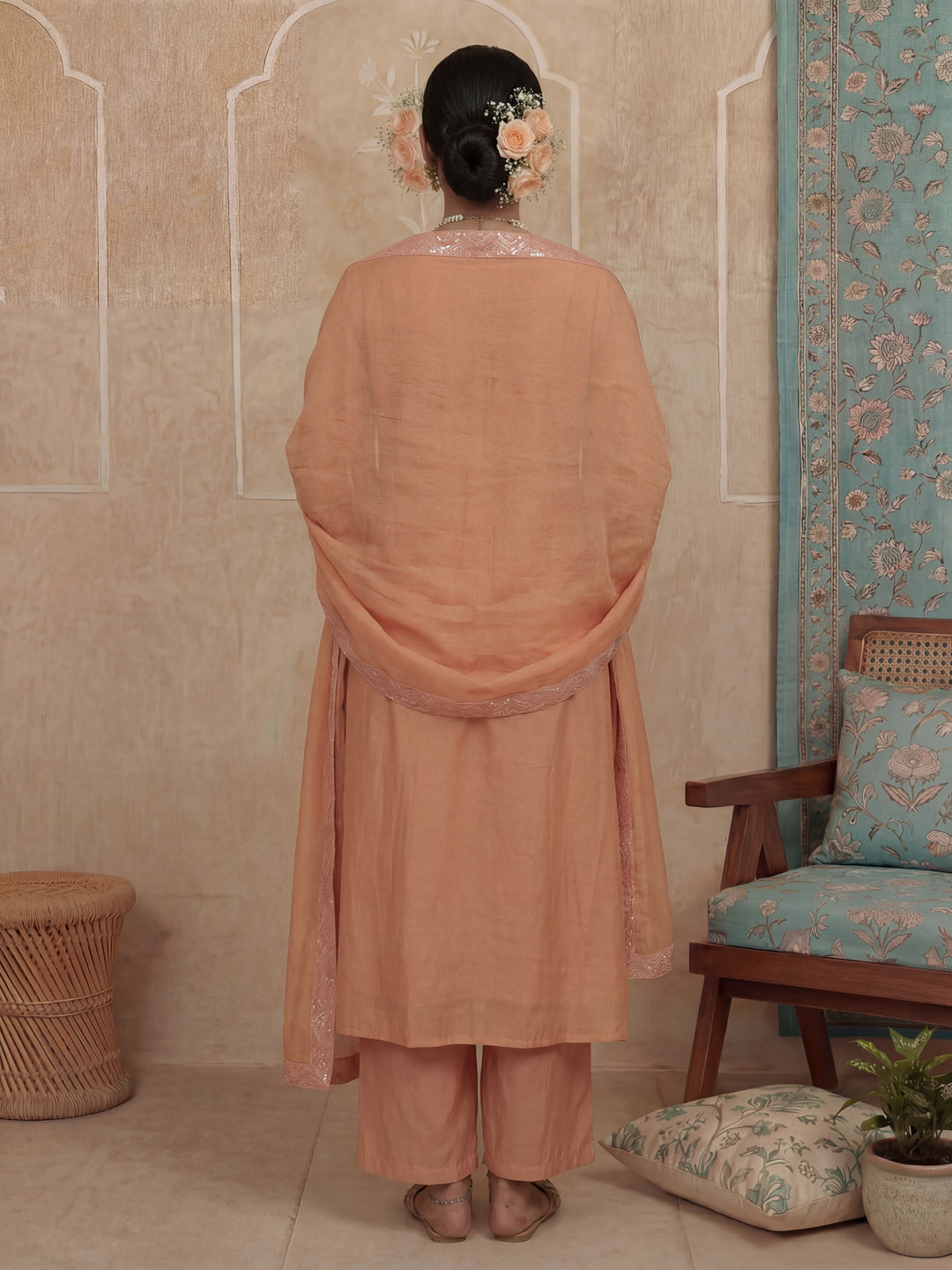 Peach A-Line Thared Work Design Lining Kurta Trouser Dupatta Set-Yufta Store-7486SKDPCM