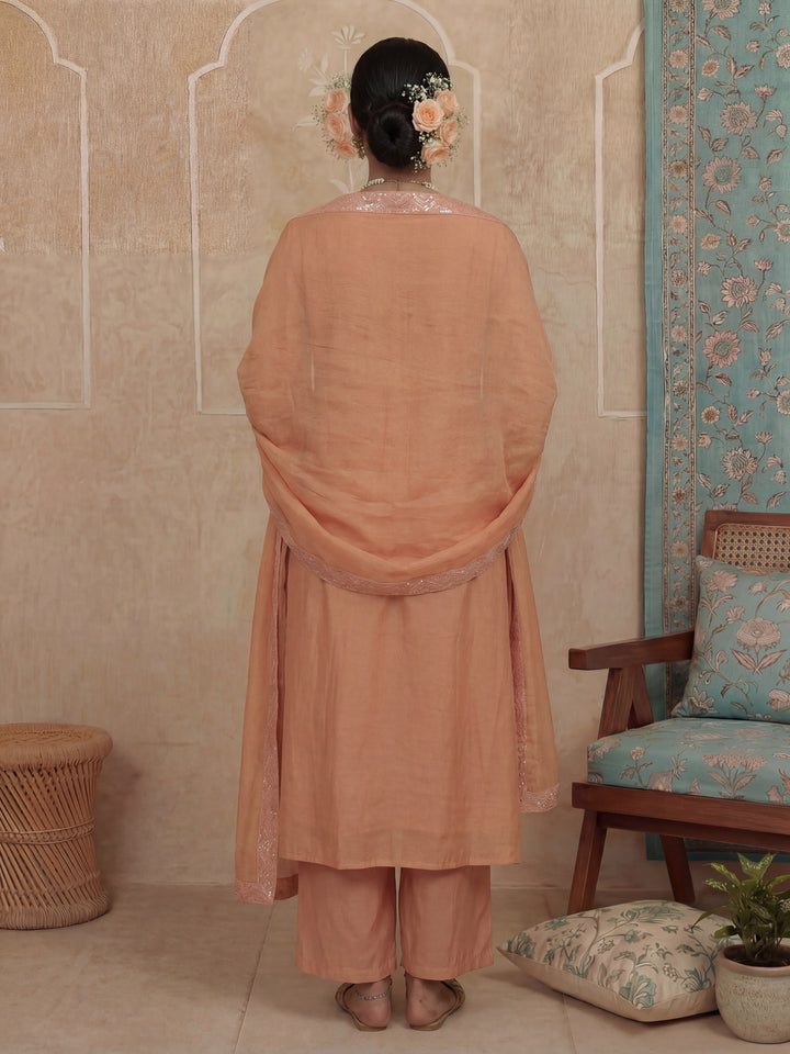 Peach A-Line Thared Work Design Lining Kurta Trouser Dupatta Set-Yufta Store-7486SKDPCM