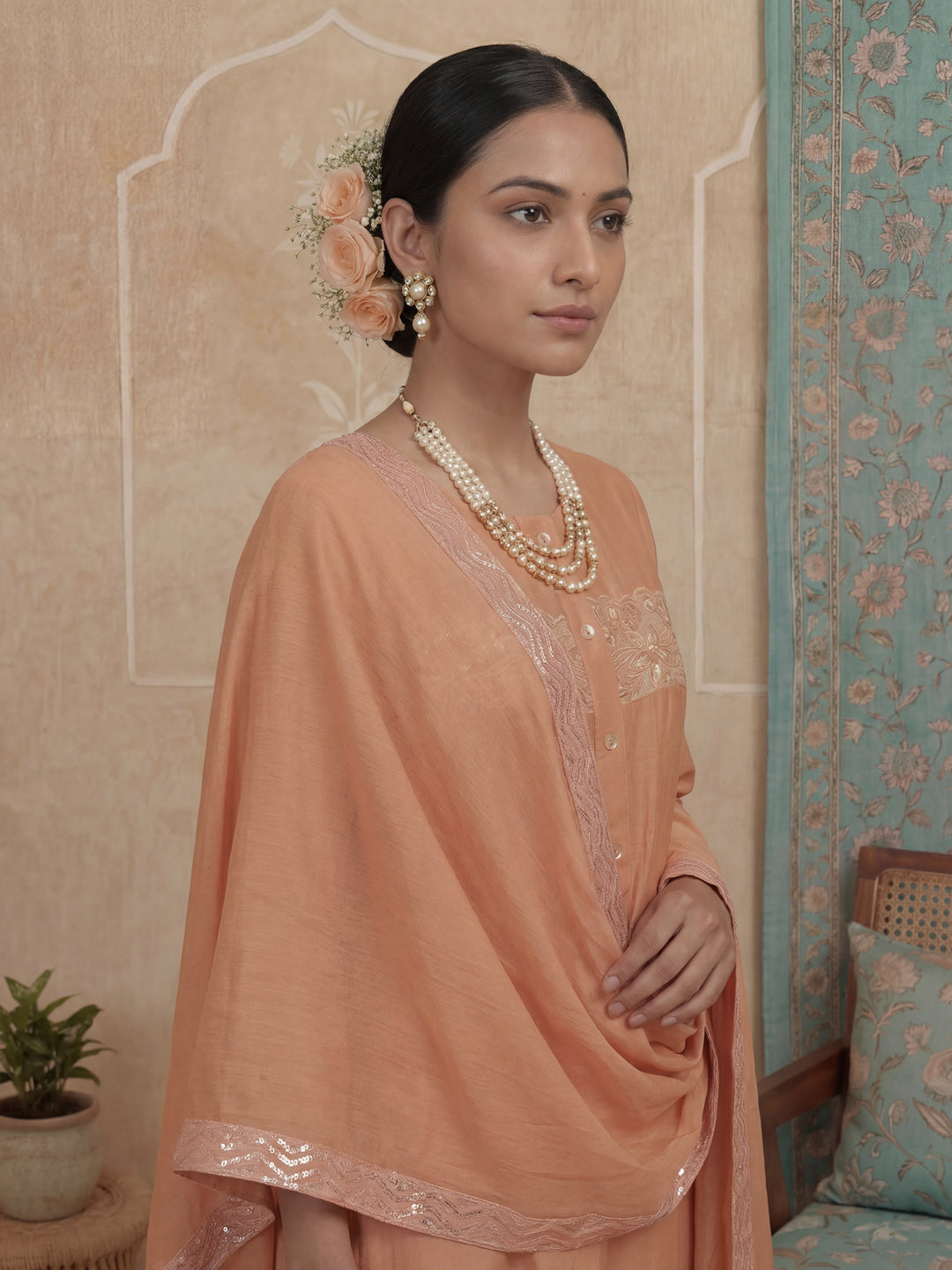 Peach A-Line Thared Work Design Lining Kurta Trouser Dupatta Set-Yufta Store-7486SKDPCM