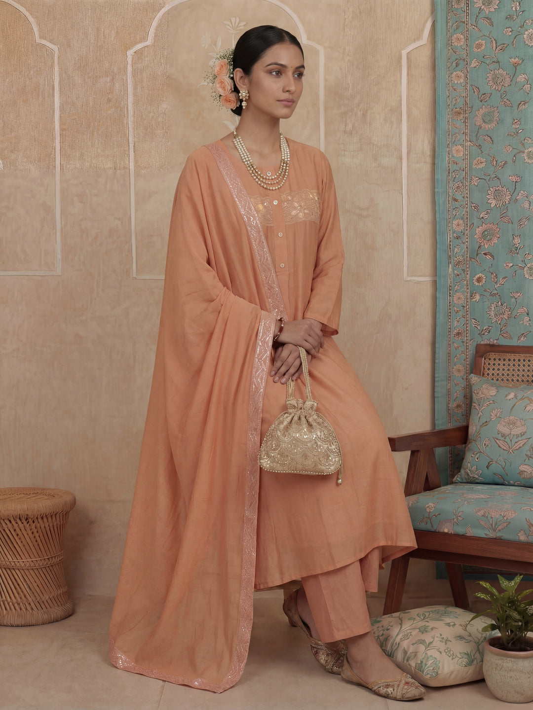 Peach A-Line Thared Work Design Lining Kurta Trouser Dupatta Set-Yufta Store-7486SKDPCM