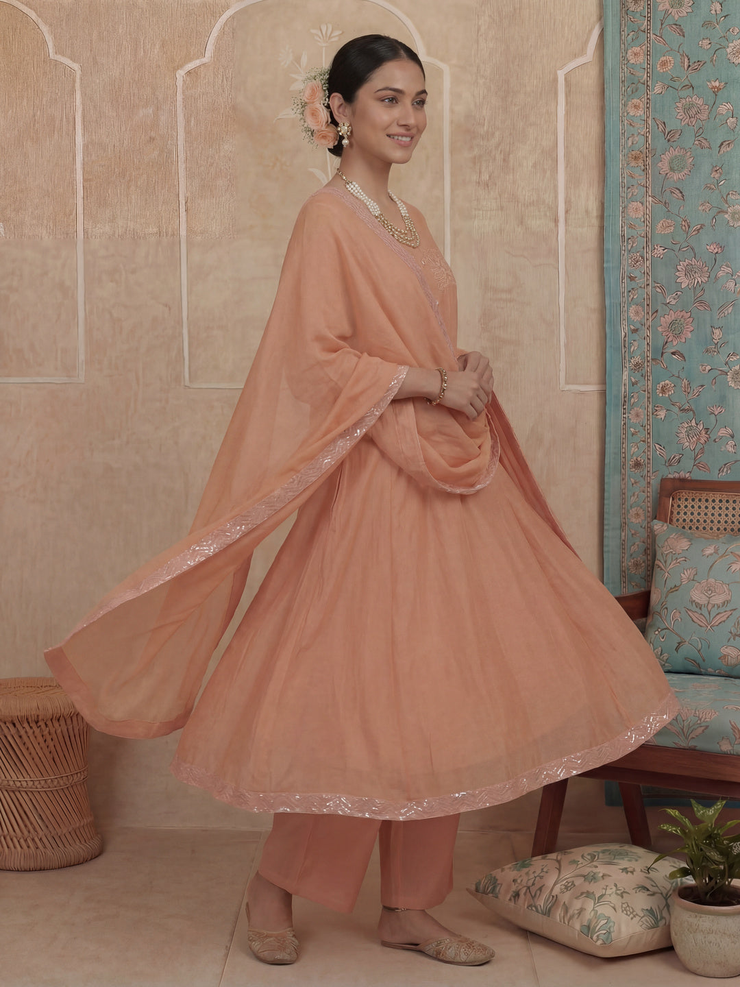 Peach A-Line Thared Work Design Lining Kurta Trouser Dupatta Set-Yufta Store-7486SKDPCM