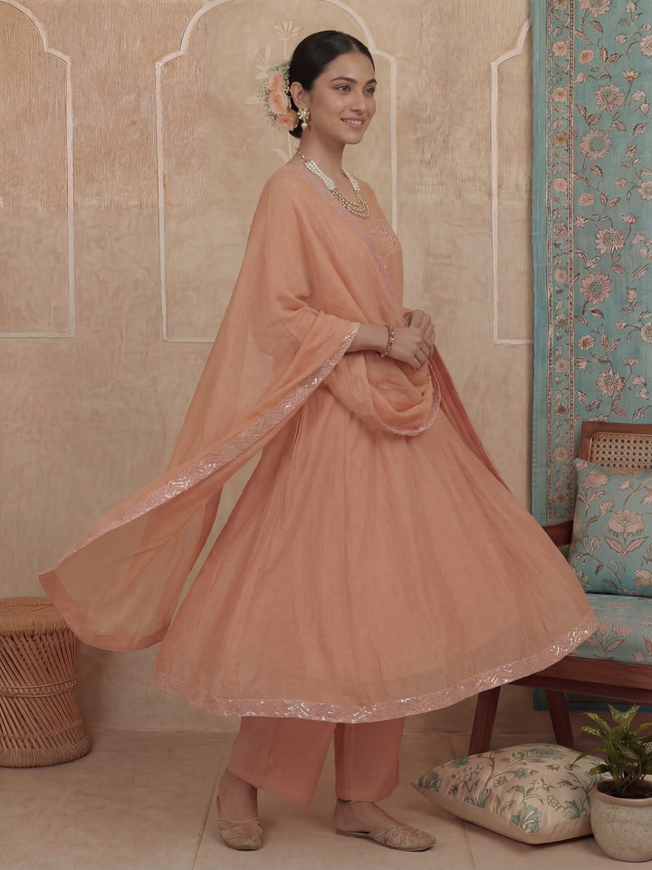 Peach A-Line Thared Work Design Lining Kurta Trouser Dupatta Set-Yufta Store-7486SKDPCM