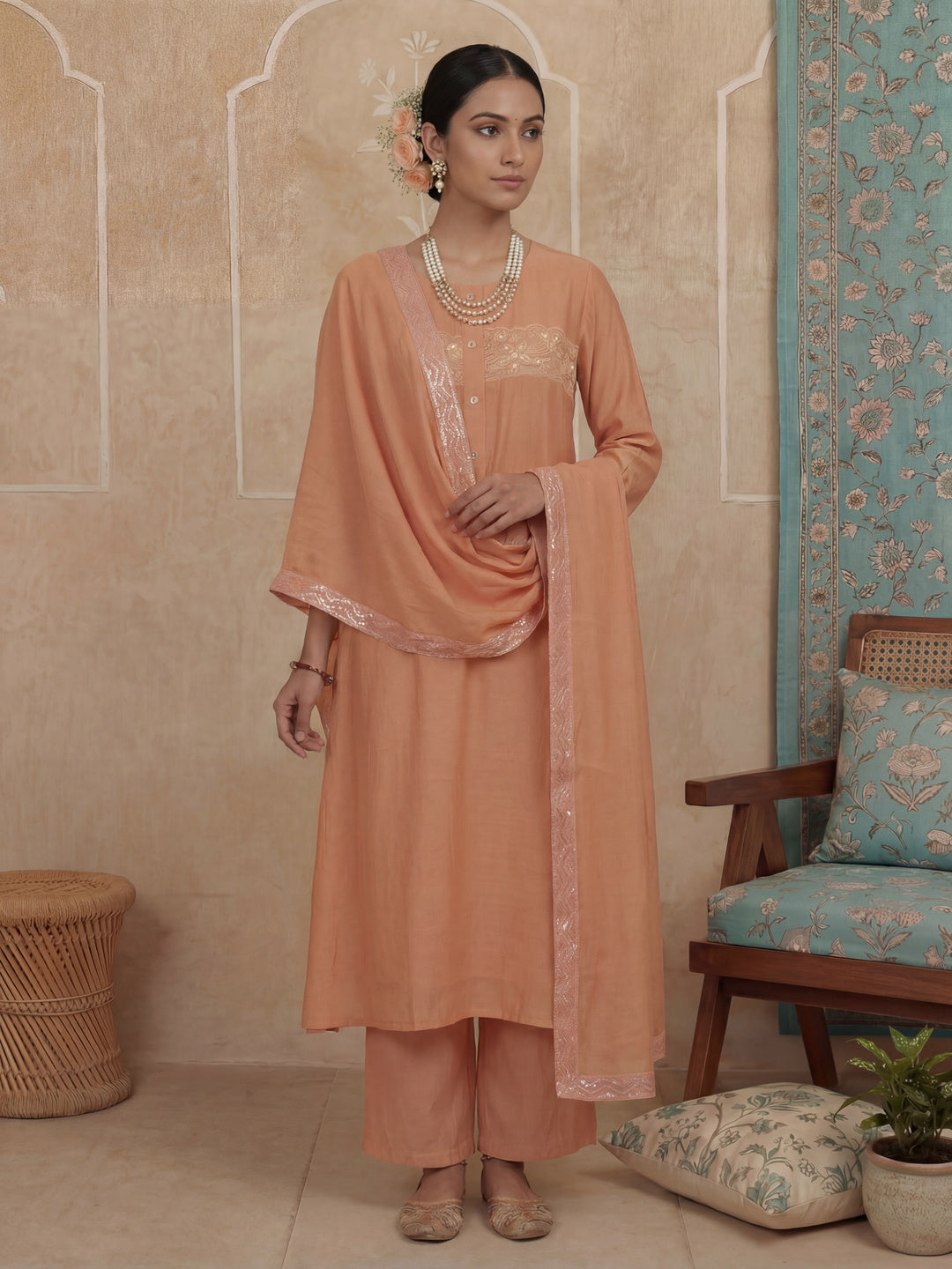 Peach A-Line Thared Work Design Lining Kurta Trouser Dupatta Set-Yufta Store-7486SKDPCM