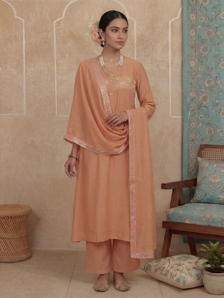 Peach A-Line Thared Work Design Lining Kurta Trouser Dupatta Set-Yufta Store-7486SKDPCM