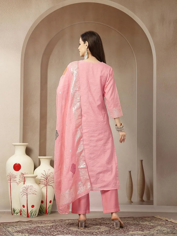 Peach Chanderi Silk Floral Straight Kurta Trouser Dupatta Set