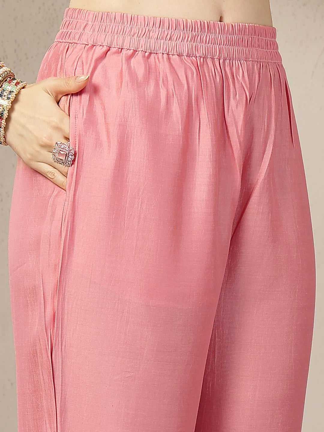 Peach Chanderi Silk Floral Straight Kurta Trouser Dupatta Set